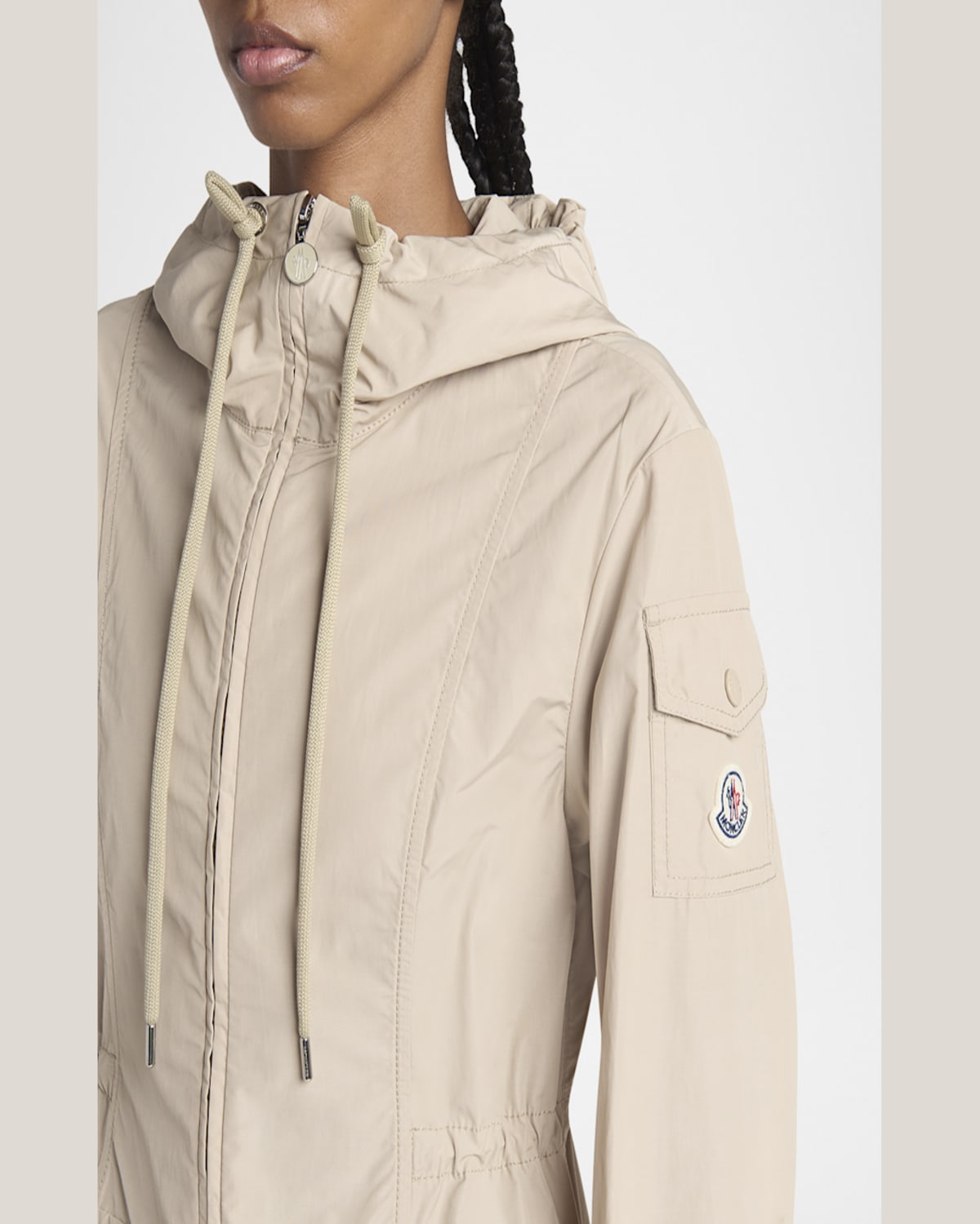 Moncler Laerte Long Hooded Parka In Beige