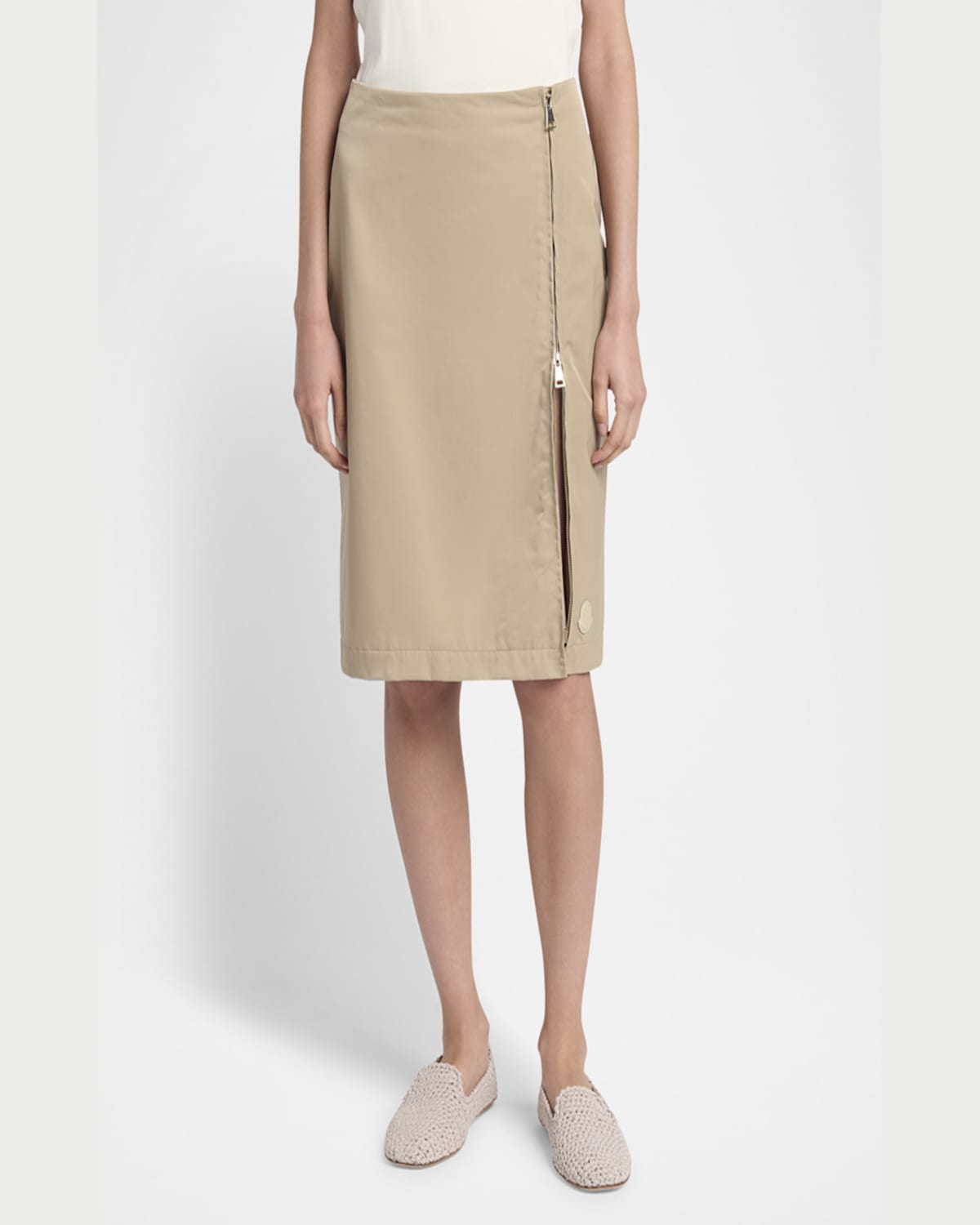 Moncler Tech Zip-up Midi Skirt In Brown