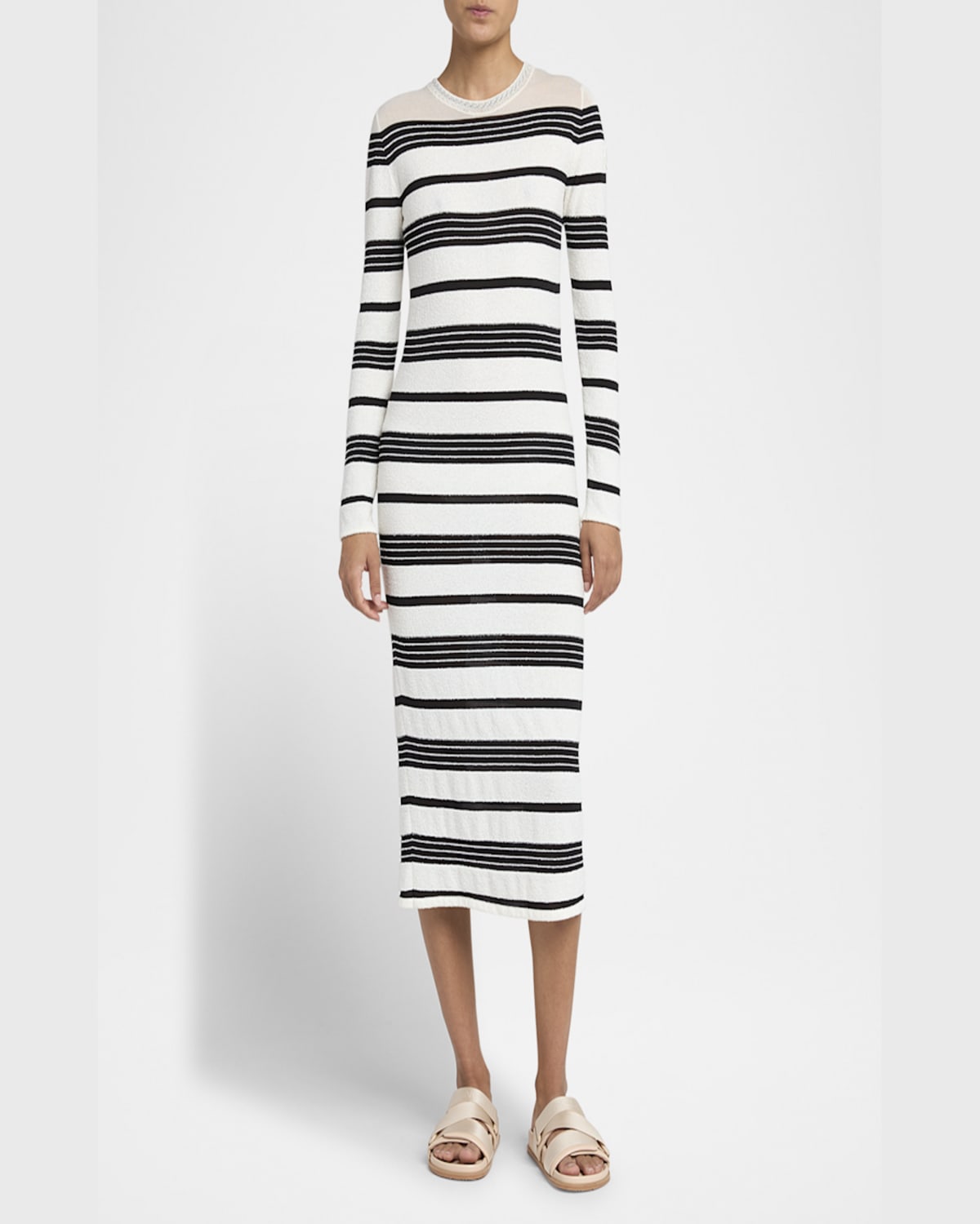 Moncler Stripe Long-sleeve Midi Dress In Dark Grey