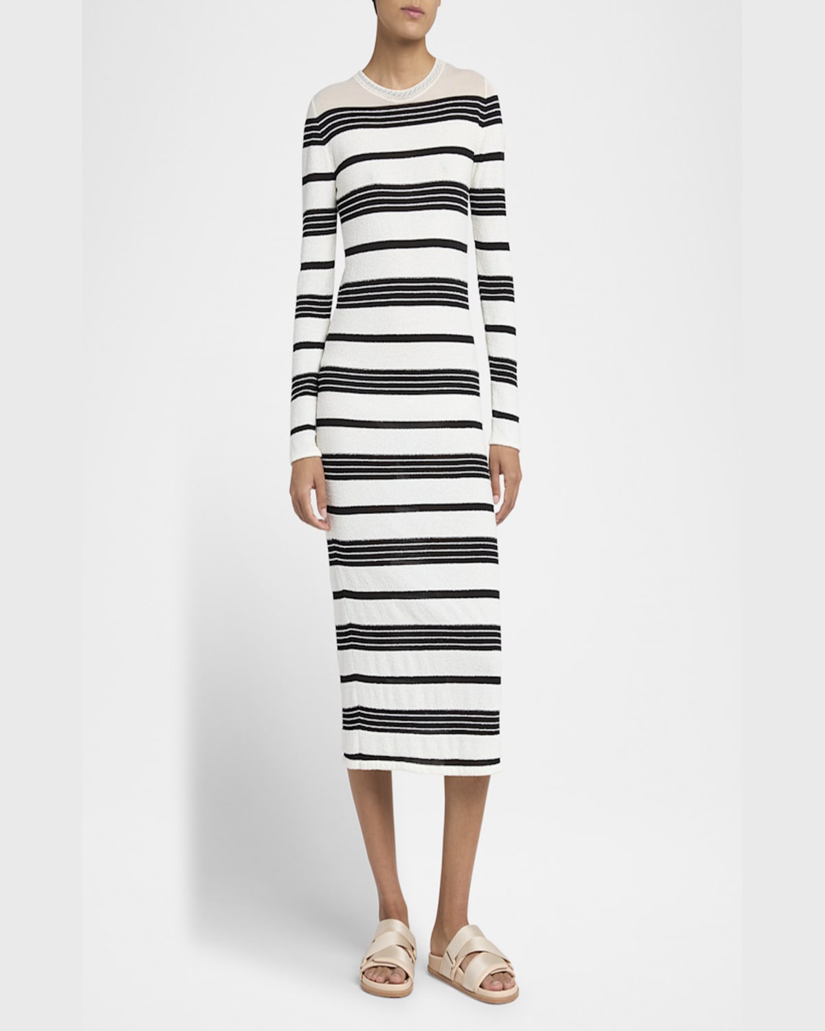 Moncler Stripe Long-sleeve Midi Dress In Dark Grey