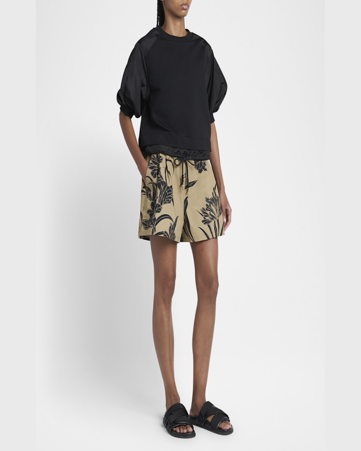Moncler Cotton And Nylon T-shirt With Puffed Sleeves In Black
