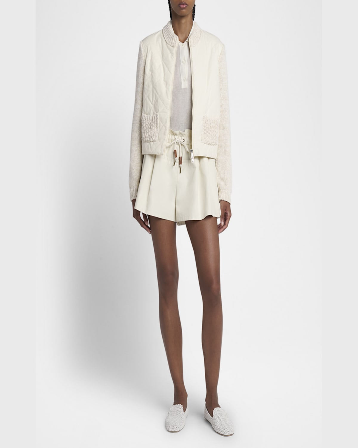 Moncler Quilted Knit Zip Cardigan In Natural