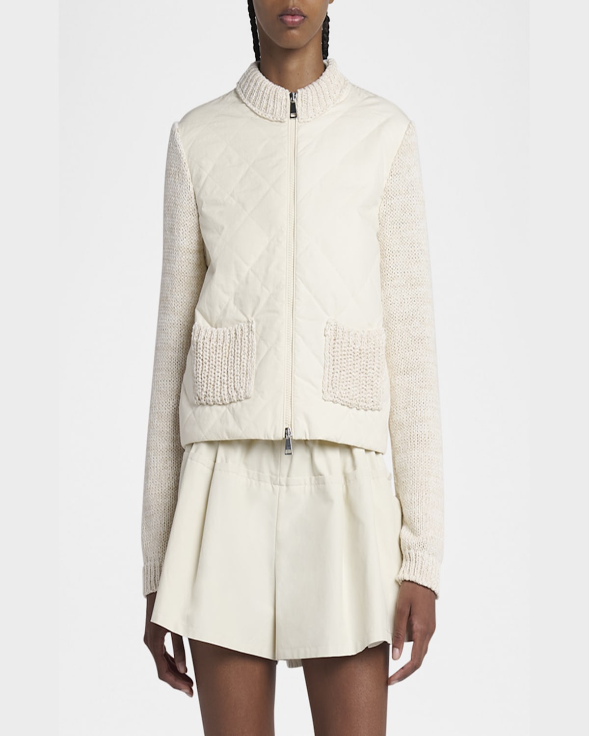 Moncler Quilted Knit Zip Cardigan In Natural
