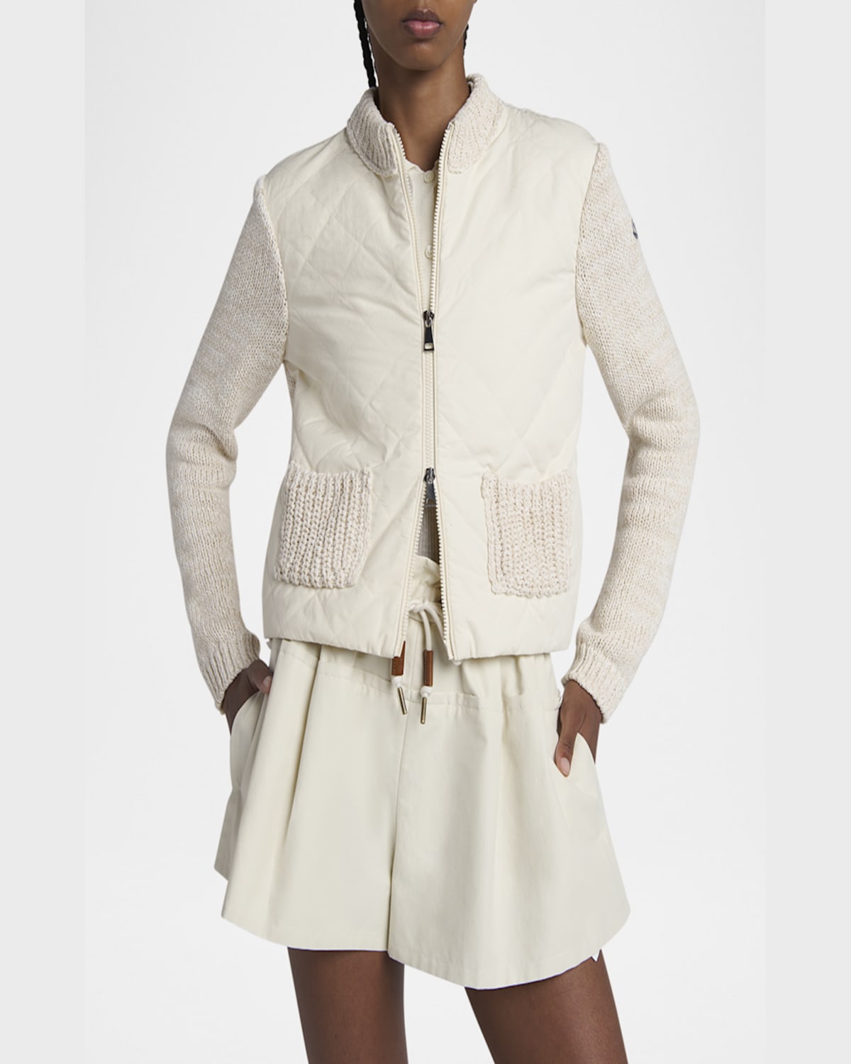 Moncler Quilted Knit Zip Cardigan In Natural