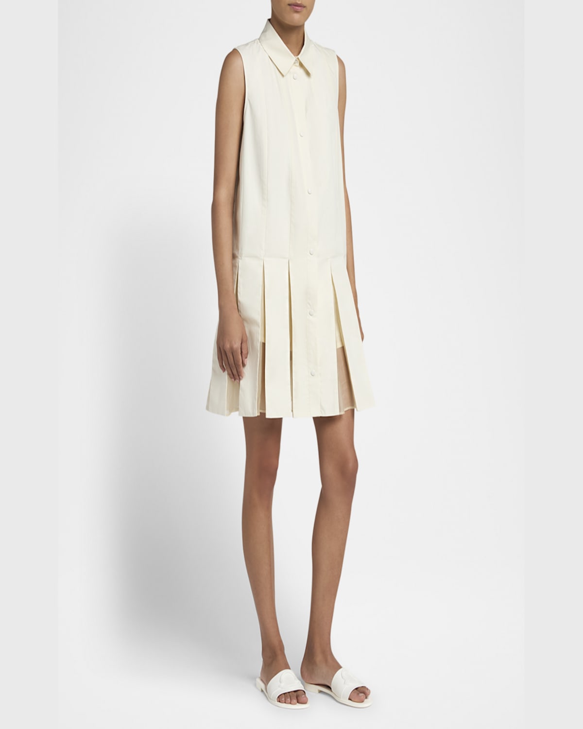Shop Moncler Snap-front Sleeveless Godet Dress In Cream