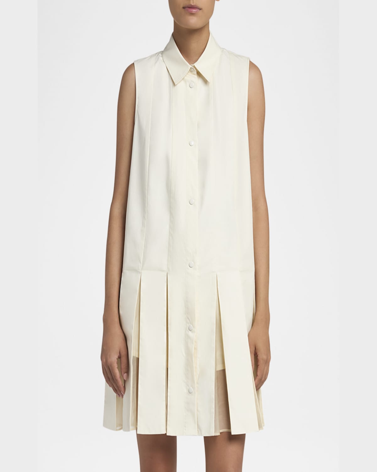 Shop Moncler Snap-front Sleeveless Godet Dress In Cream