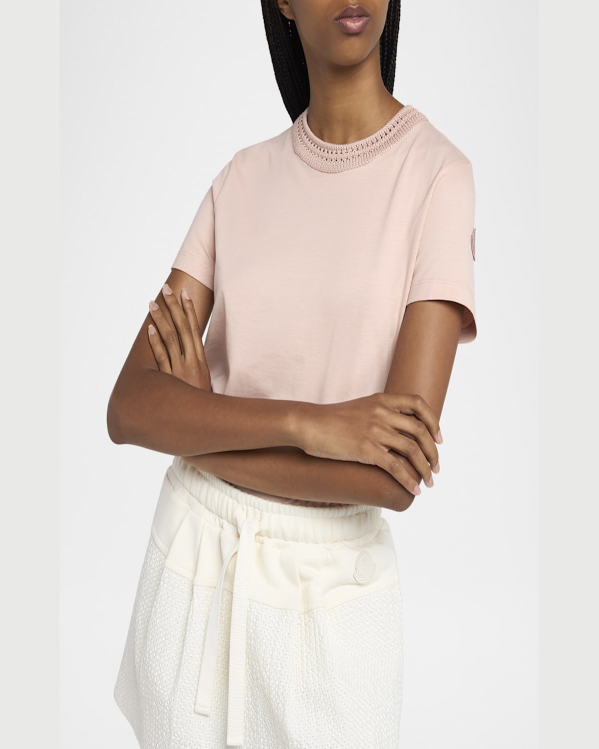 Moncler T-shirt En Coton Avec Détails En Crochet In Light Pink