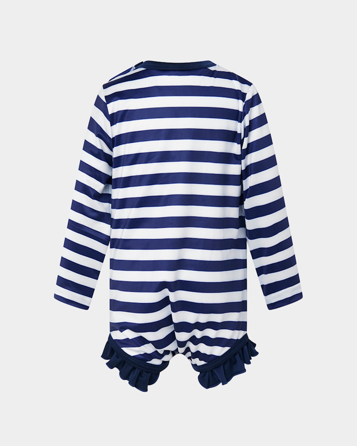 Rachel Riley Girl's Breton Stripe Frill Rashguard One-piece Swimsuit In Navy