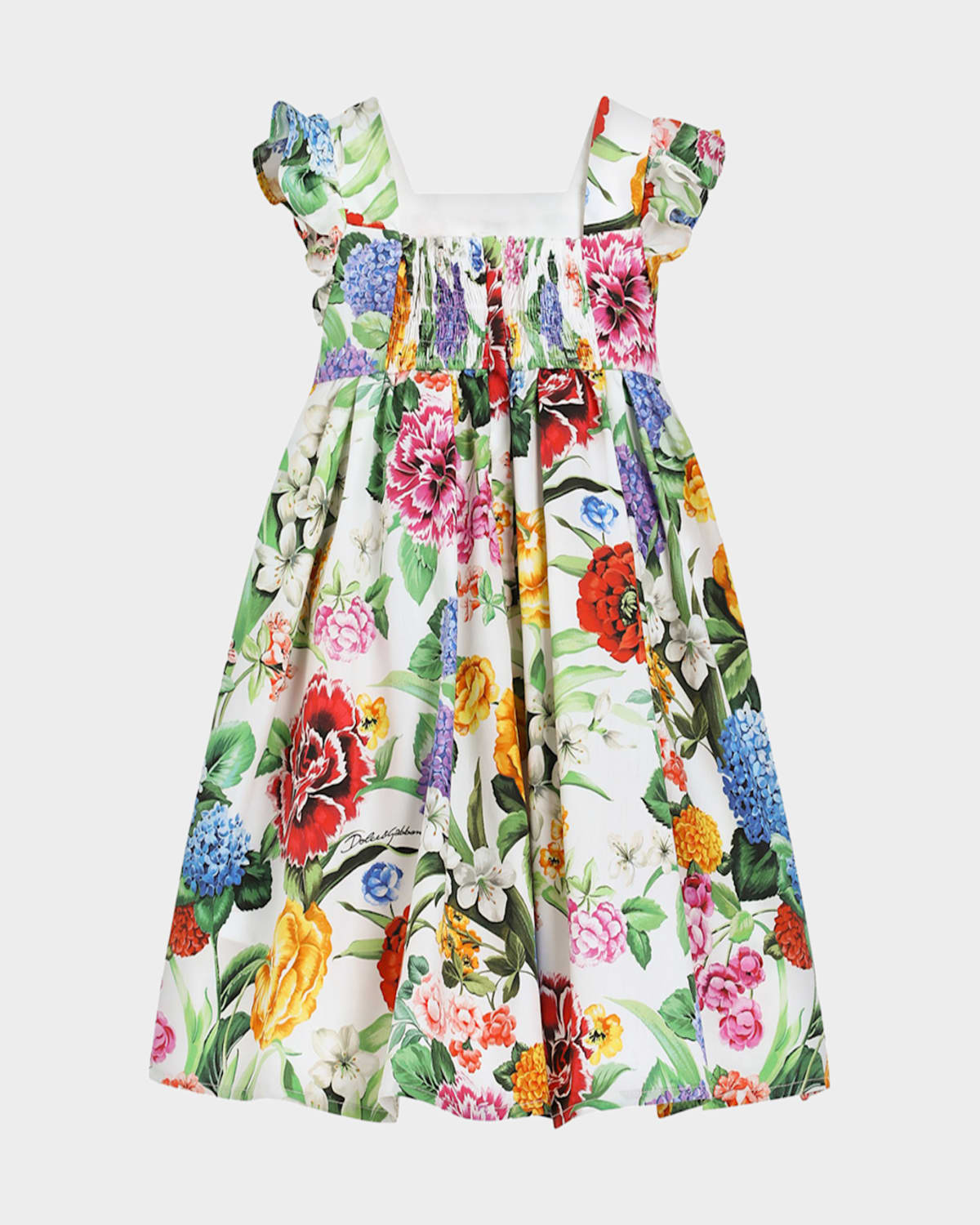Dolce & Gabbana Girl's Floral-print Poplin Dress In Flowers White Base