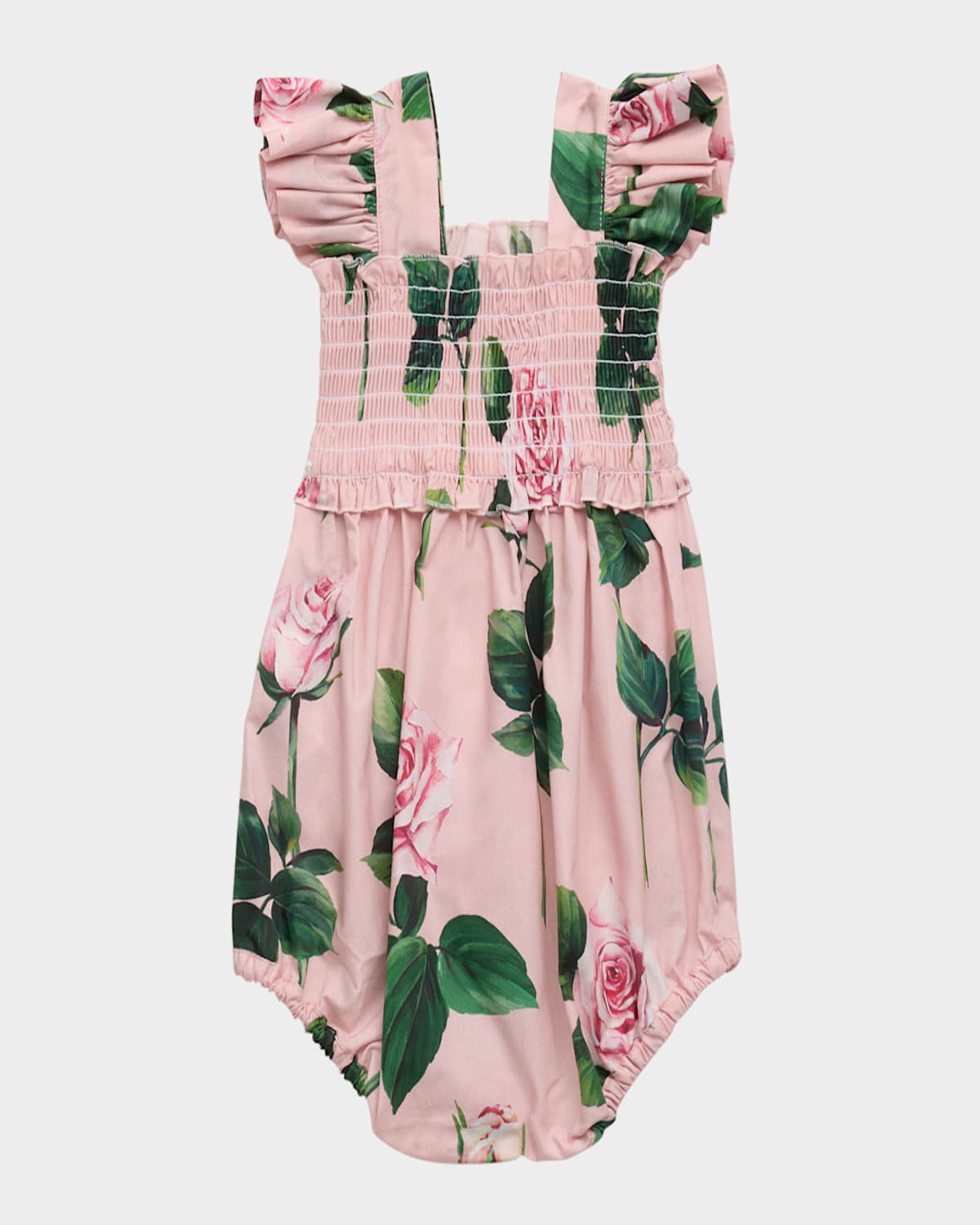 Dolce & Gabbana Girl's Rose-print Smocked Bubble Romper In Rose Cstelo Frosa