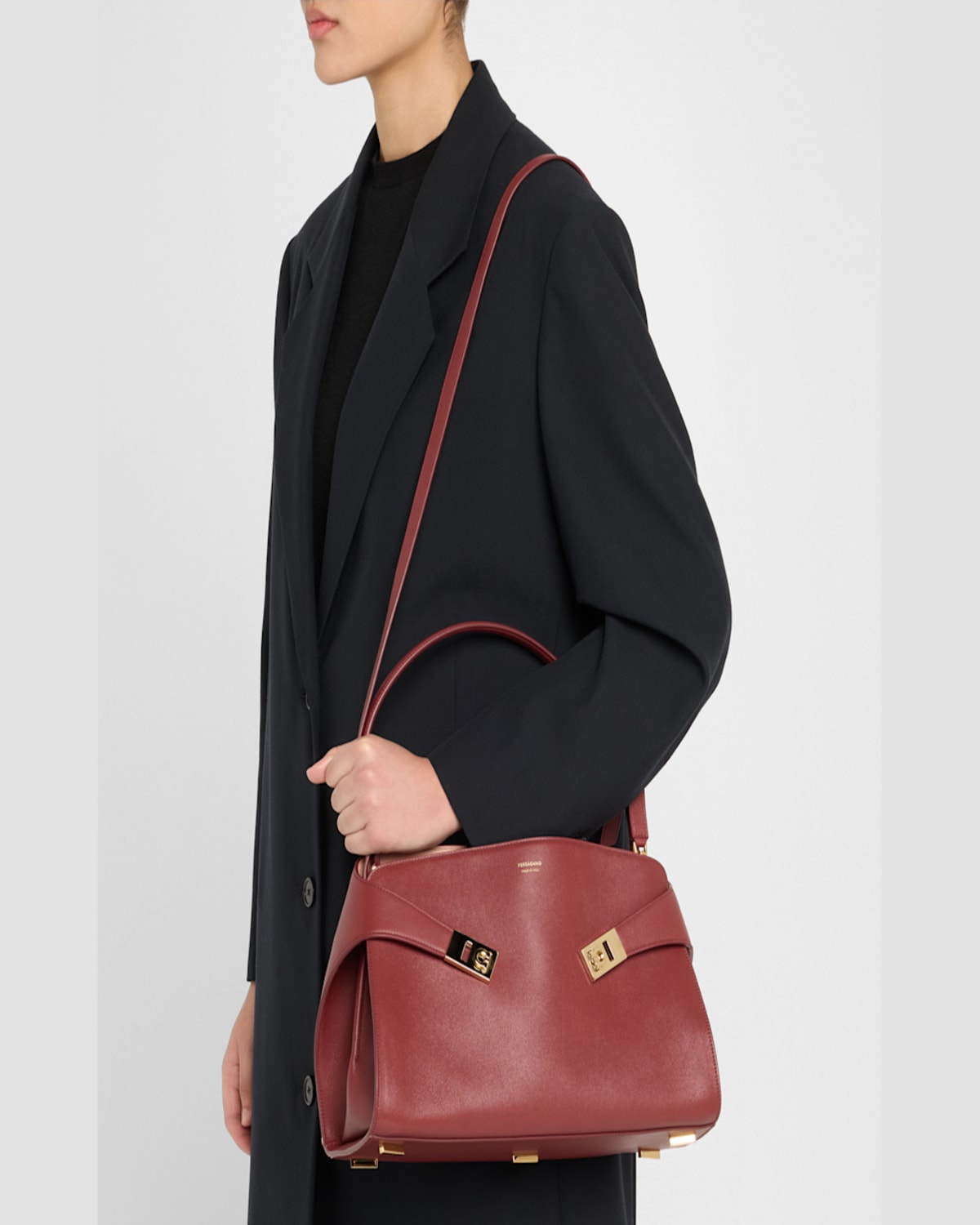 FERRAGAMO SMALL HUG SOFT LEATHER BICOLOR SHOULDER BAG 