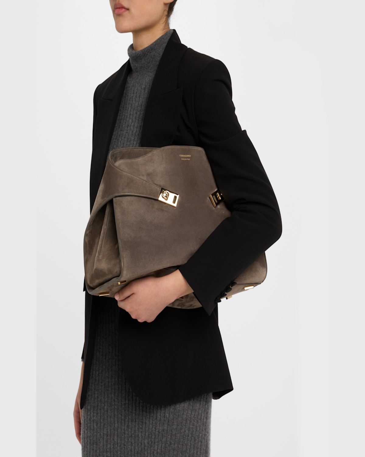 Ferragamo Medium Hug Suede Shoulder Bag In Concrete