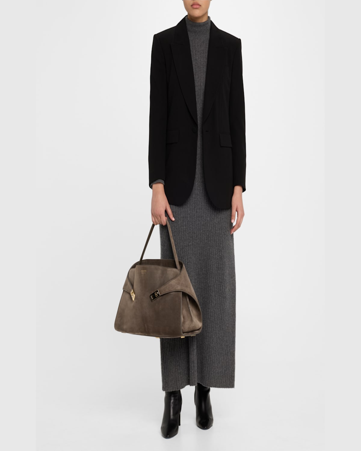 Ferragamo Medium Hug Suede Shoulder Bag In Concrete