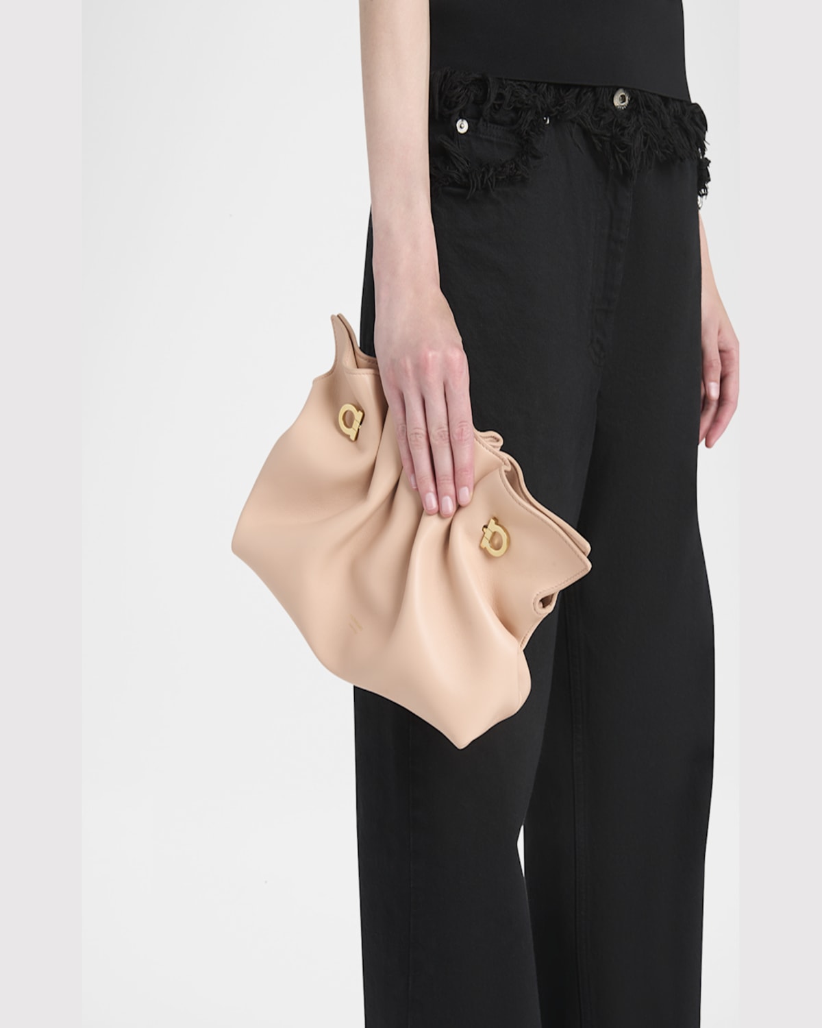 Ferragamo Small Gancio Piercing Soft Leather Shoulder Bag In Plaster