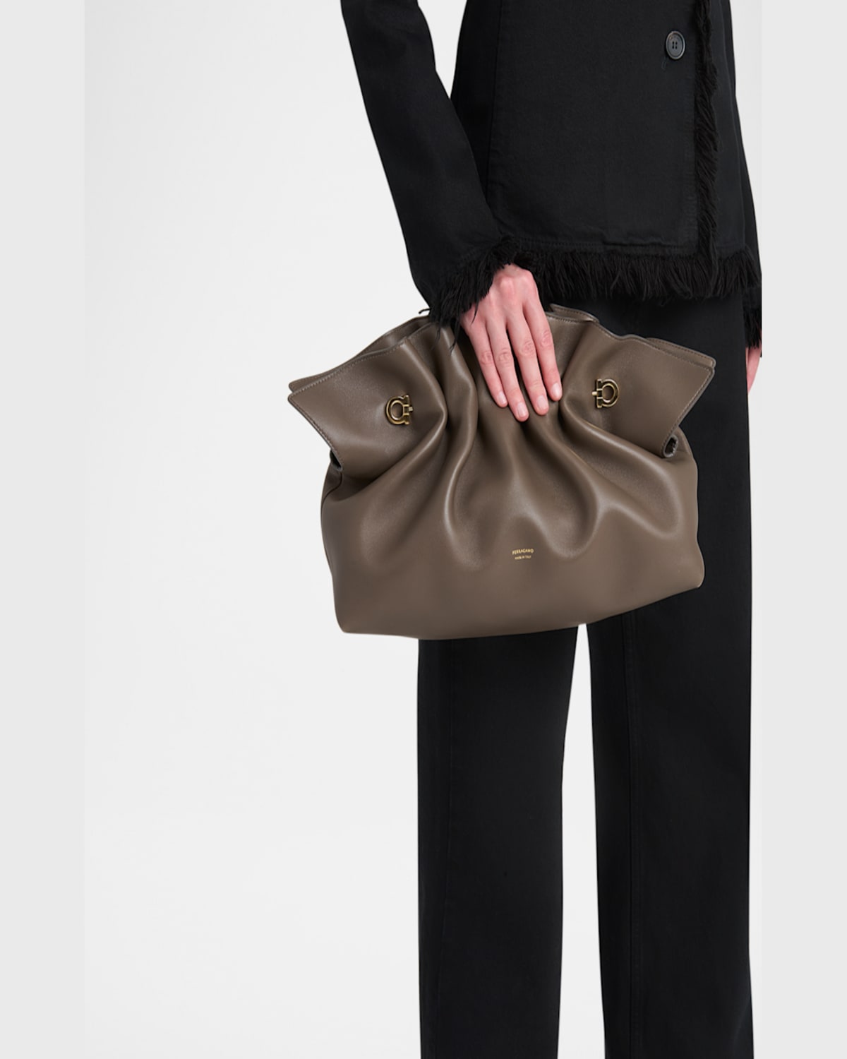 Ferragamo Piercing Medium Ruched Leather Shoulder Bag In Concrete