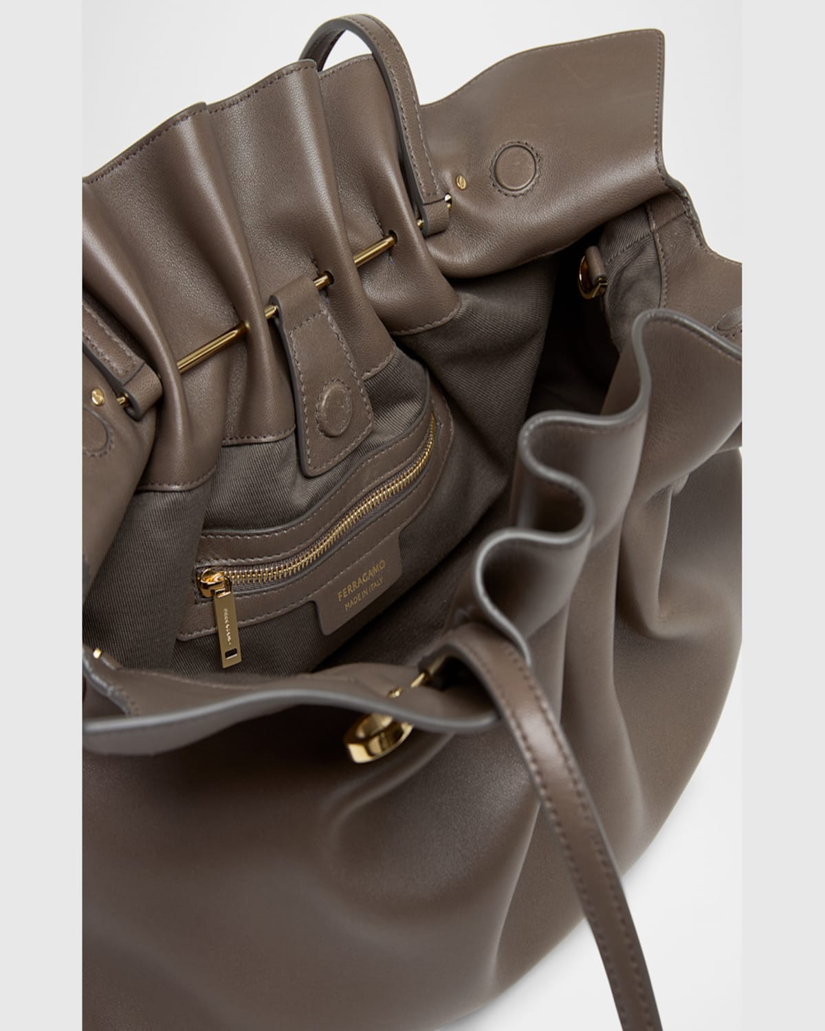 Ferragamo Piercing Medium Ruched Leather Shoulder Bag In Concrete