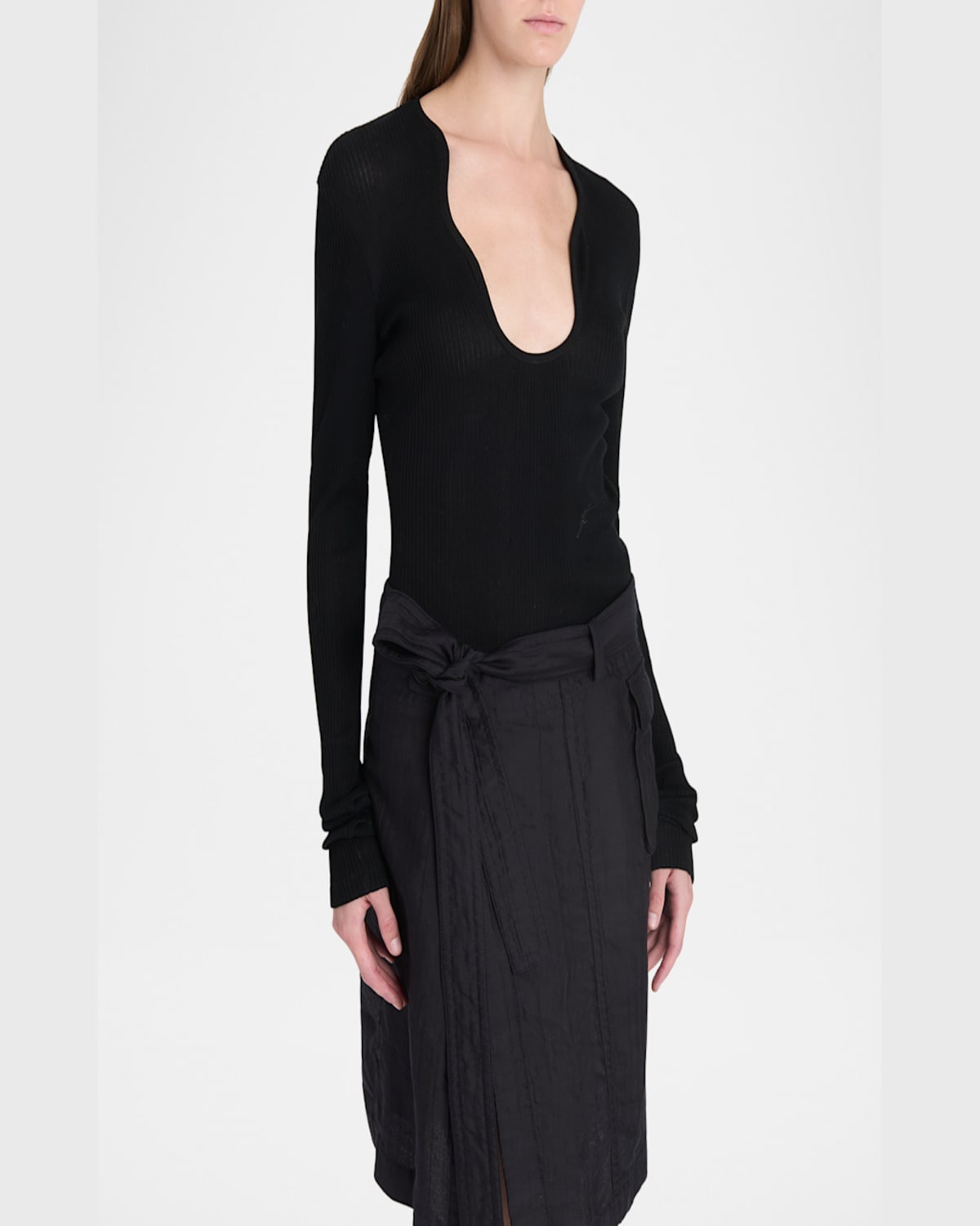 Ferragamo Wavy Scoop-neck Long-sleeve Top In Nero