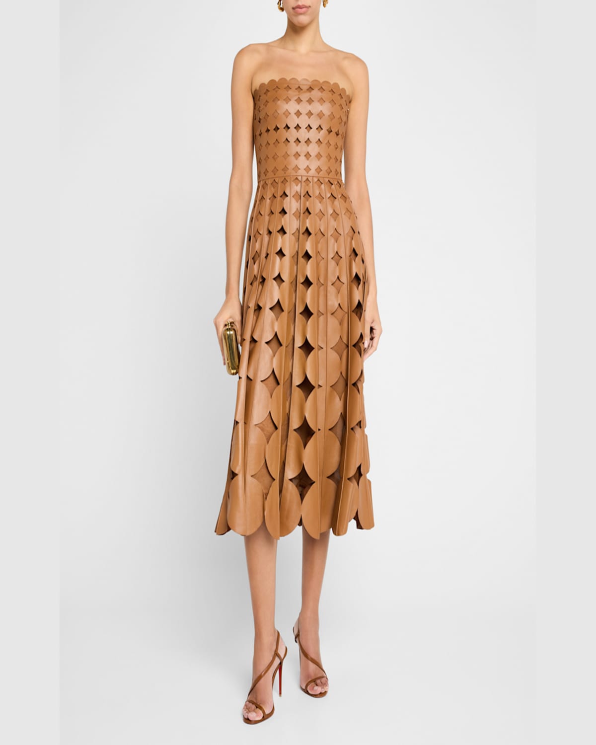 Shop Oscar De La Renta Strapless Geo Cutout Leather Midi Dress In Cognac