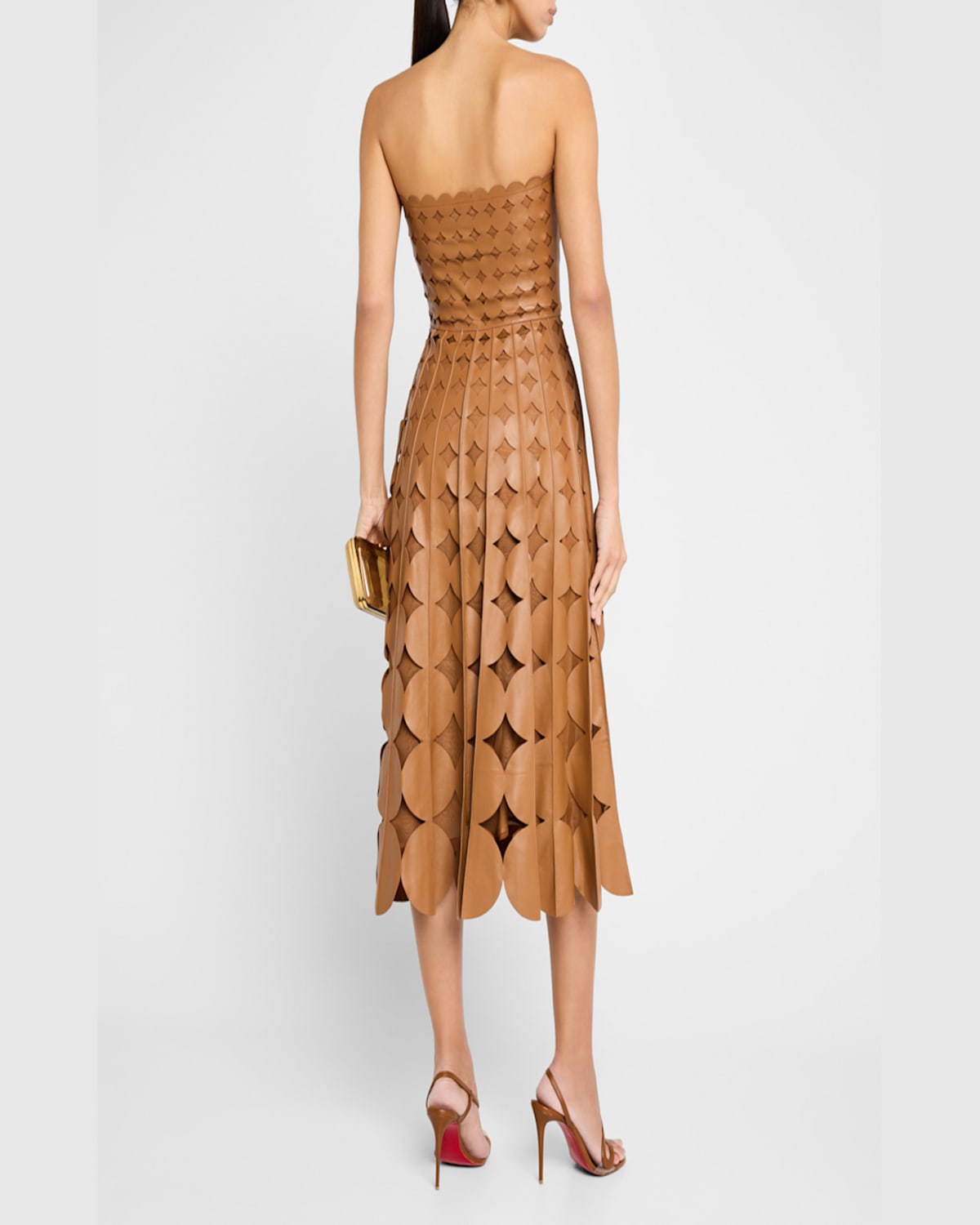 Shop Oscar De La Renta Strapless Geo Cutout Leather Midi Dress In Cognac