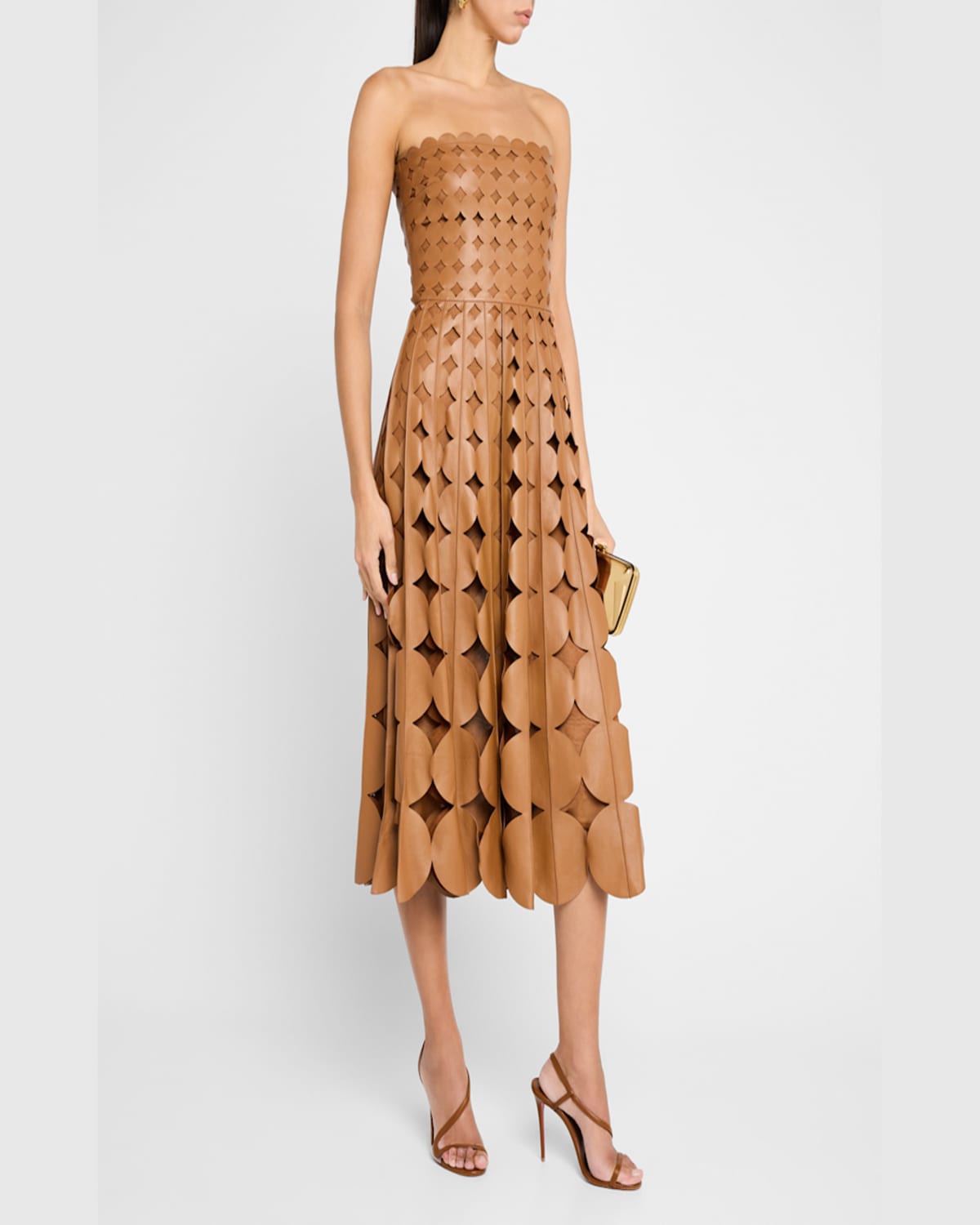 Shop Oscar De La Renta Strapless Geo Cutout Leather Midi Dress In Cognac