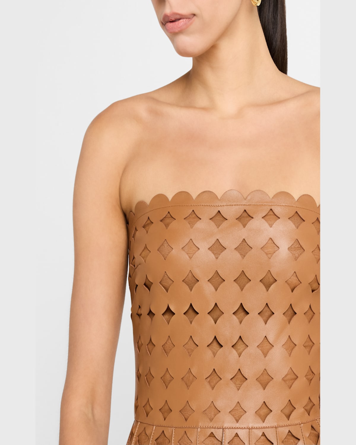 Shop Oscar De La Renta Strapless Geo Cutout Leather Midi Dress In Cognac
