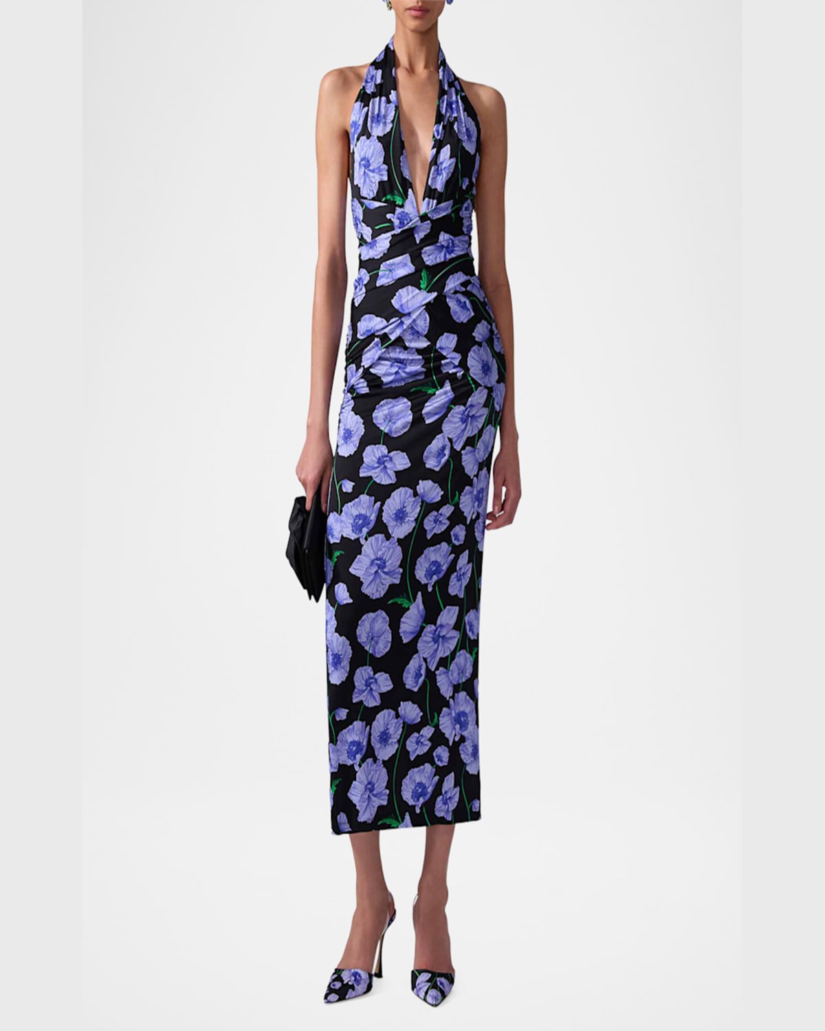 Carolina Herrera Plunging Halter Draped Ankle Dress In Black Multi
