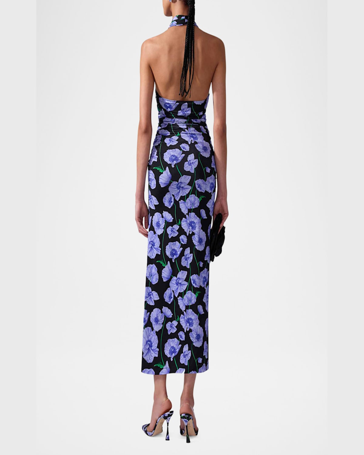Carolina Herrera Plunging Halter Draped Ankle Dress In Black Multi