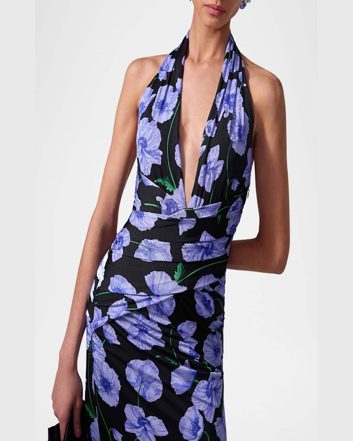 Carolina Herrera Plunging Halter Draped Ankle Dress In Black Multi