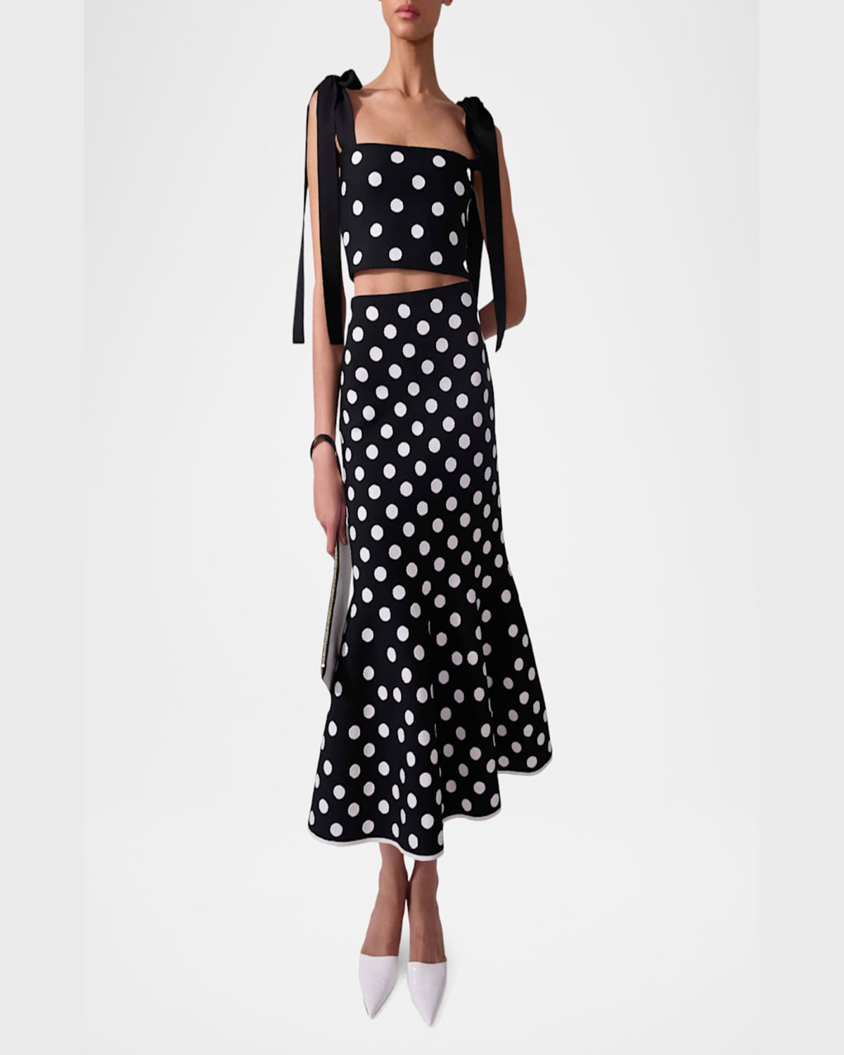 Shop Carolina Herrera Polka-dot Midi Trumpet Skirt In Blackwhite