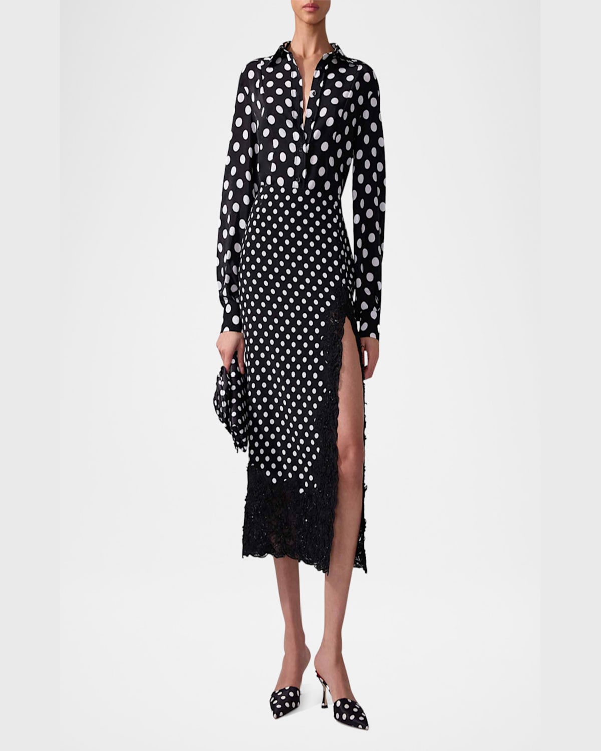 Shop Carolina Herrera Polka-dot Lace Slit Midi Skirt In Blackivory
