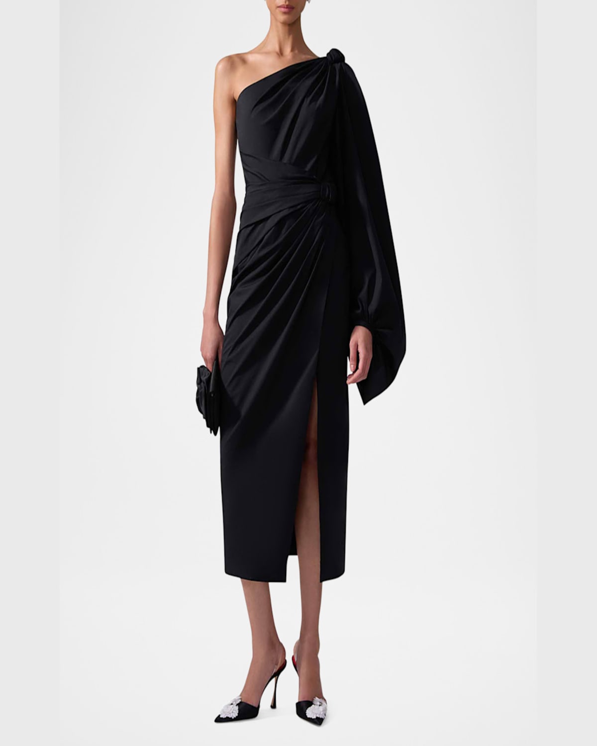 Shop Carolina Herrera One-shoulder Balloon-sleeve Midi Dress In Black