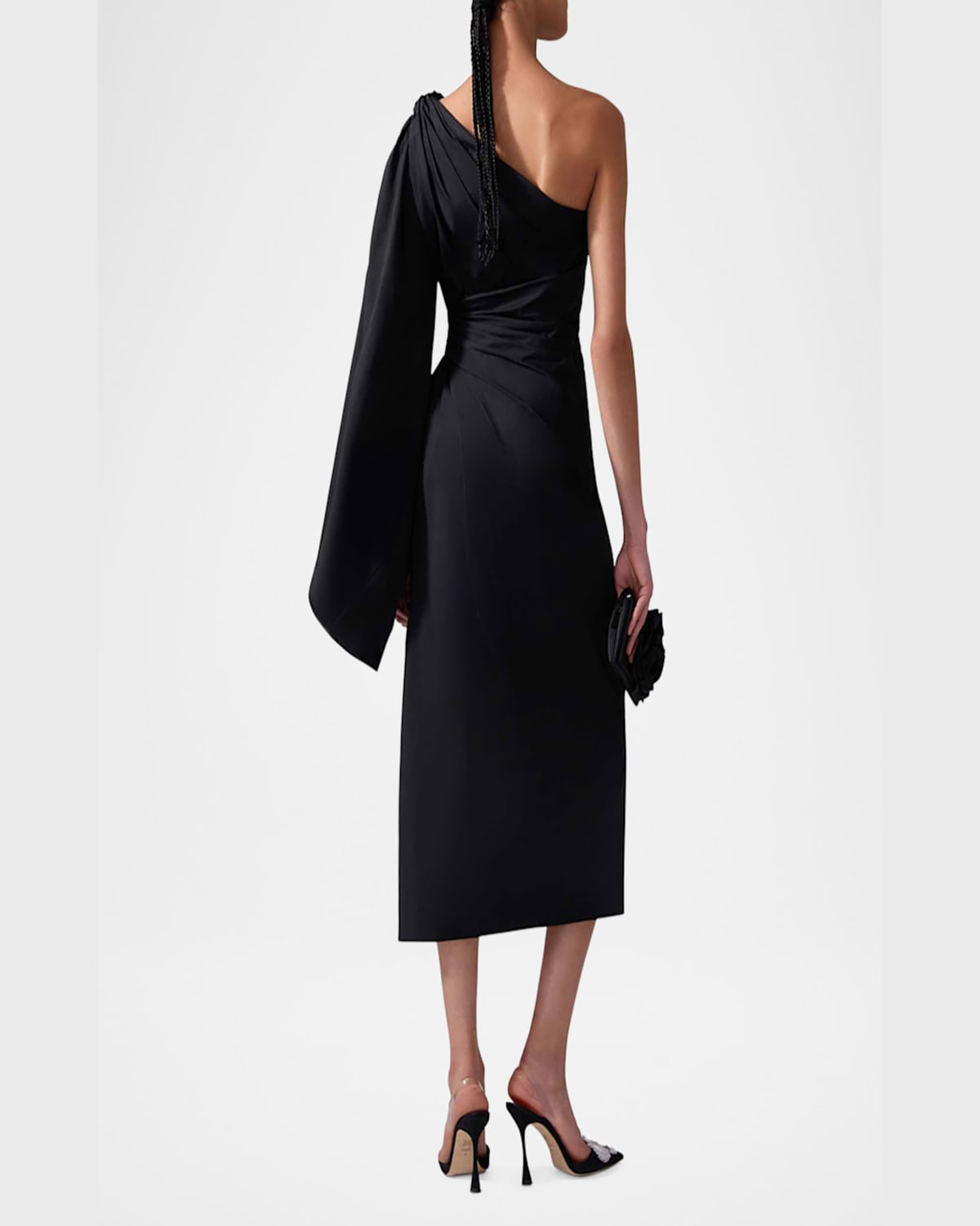 Shop Carolina Herrera One-shoulder Balloon-sleeve Midi Dress In Black