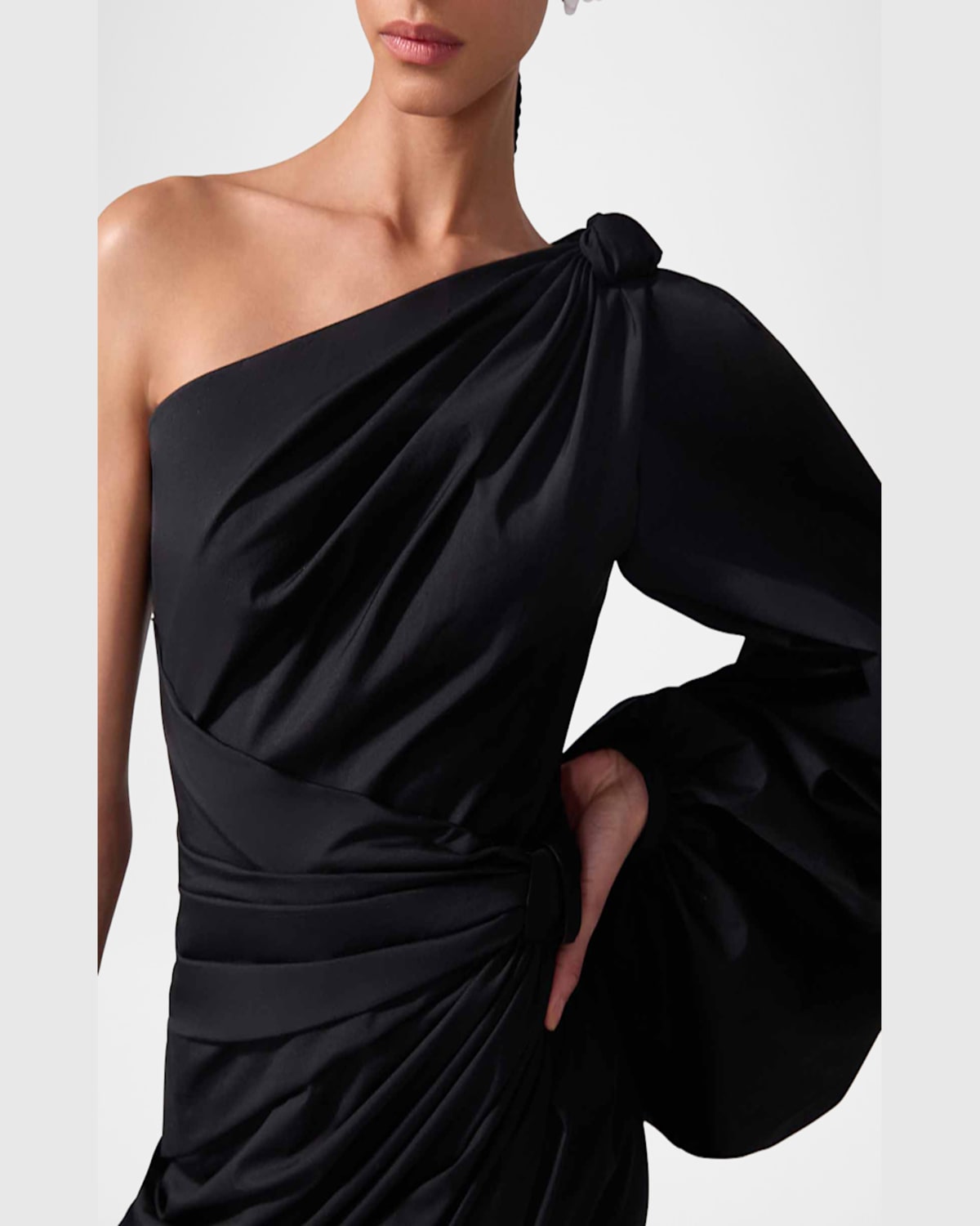 Shop Carolina Herrera One-shoulder Balloon-sleeve Midi Dress In Black