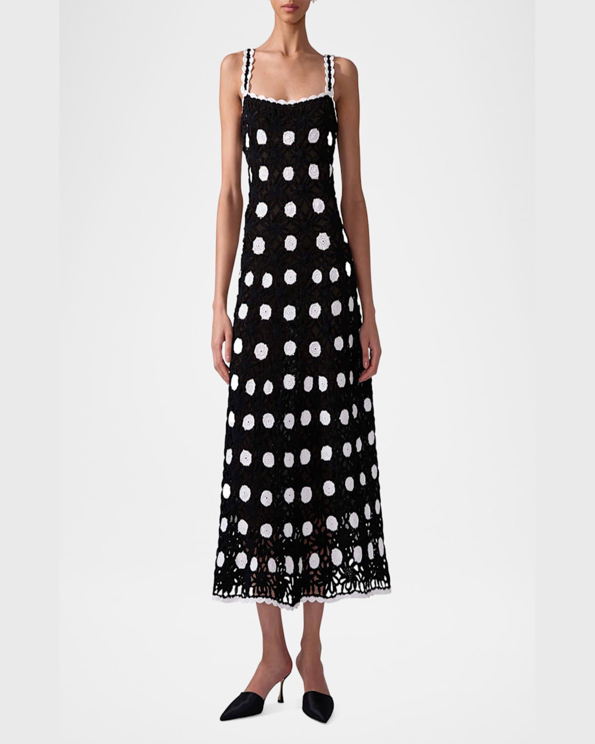 CAROLINA HERRERA POLKA-DOT CROCHET-KNIT SLEEVELESS MIDI DRESS 
