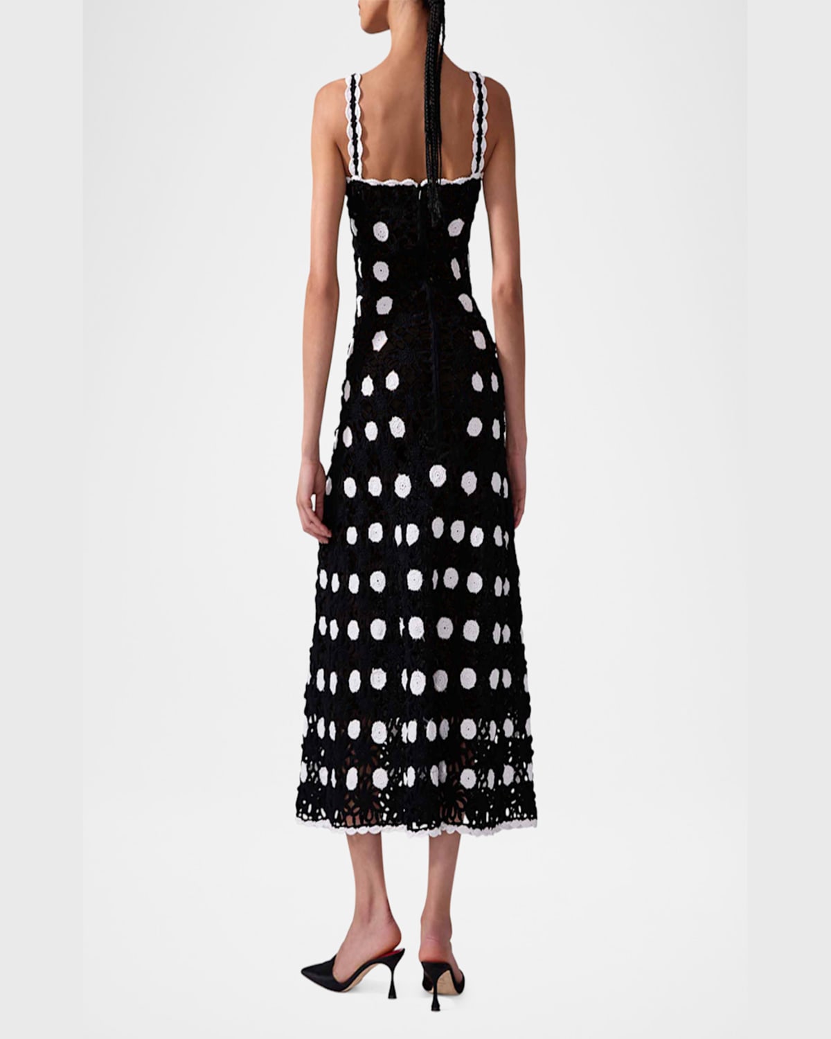 CAROLINA HERRERA POLKA-DOT CROCHET-KNIT SLEEVELESS MIDI DRESS 