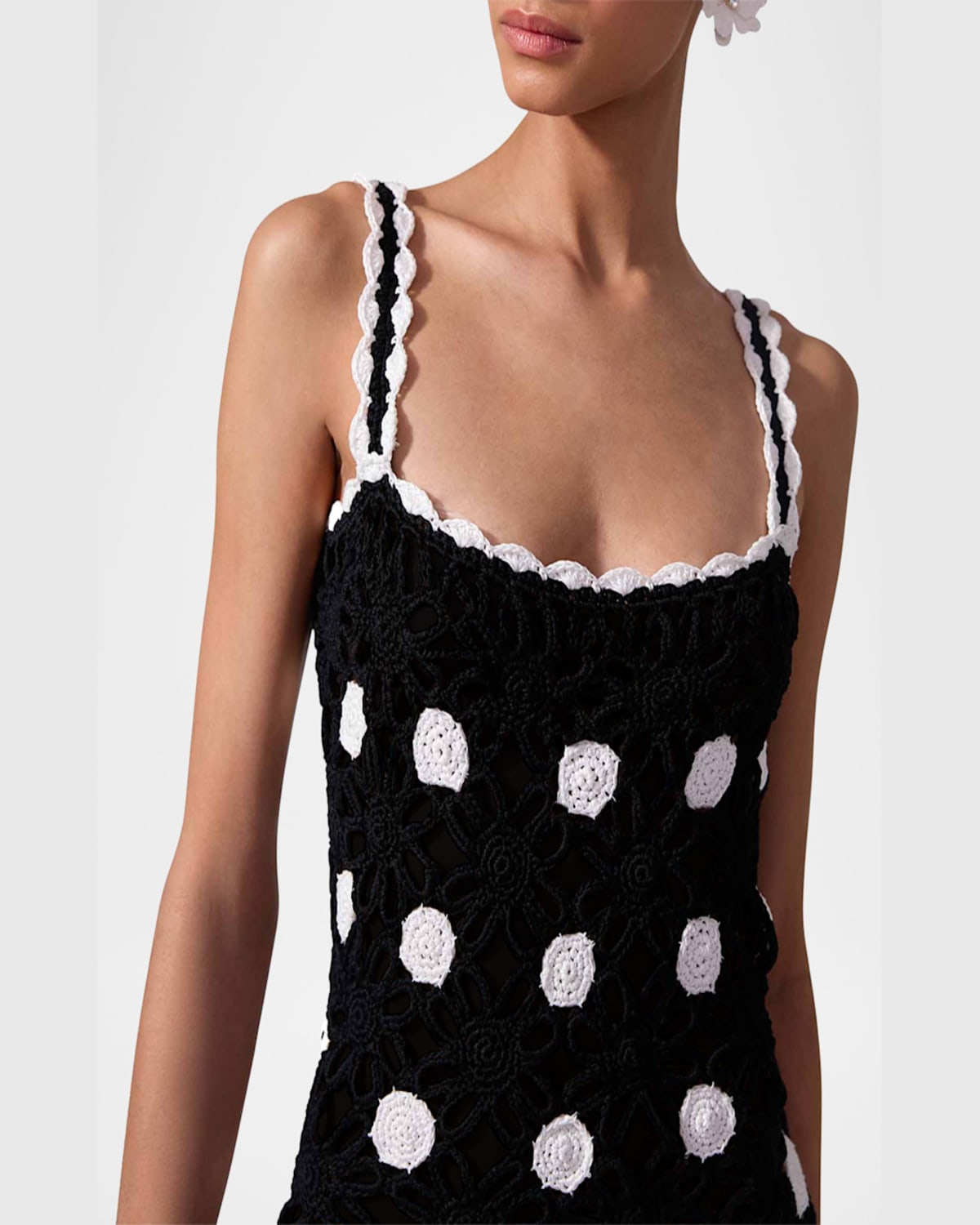 CAROLINA HERRERA POLKA-DOT CROCHET-KNIT SLEEVELESS MIDI DRESS 