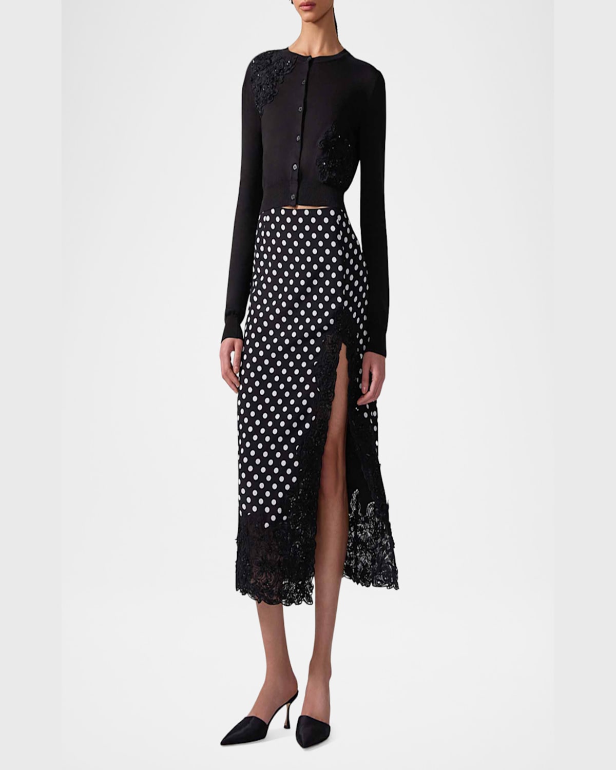 Shop Carolina Herrera Beaded Lace Crewneck Crop Cardigan In Black