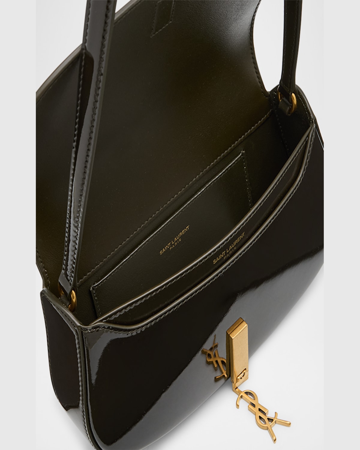 Saint Laurent Mini Ysl Flap Shoulder Bag In Patent Leather In Vineyard Green