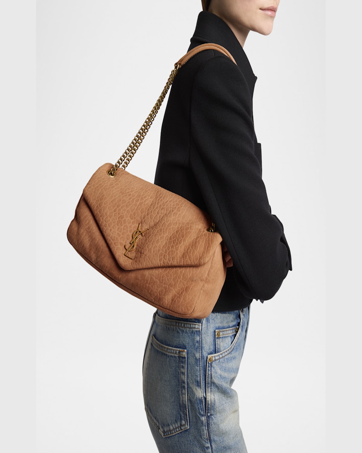 Saint Laurent Calypso Medium Ysl Shoulder Bag In Grained Nubuck Leather In Honey Caramel