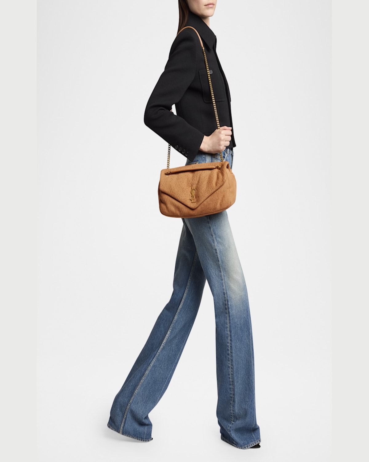 Saint Laurent Calypso Medium Ysl Shoulder Bag In Grained Nubuck Leather In Honey Caramel