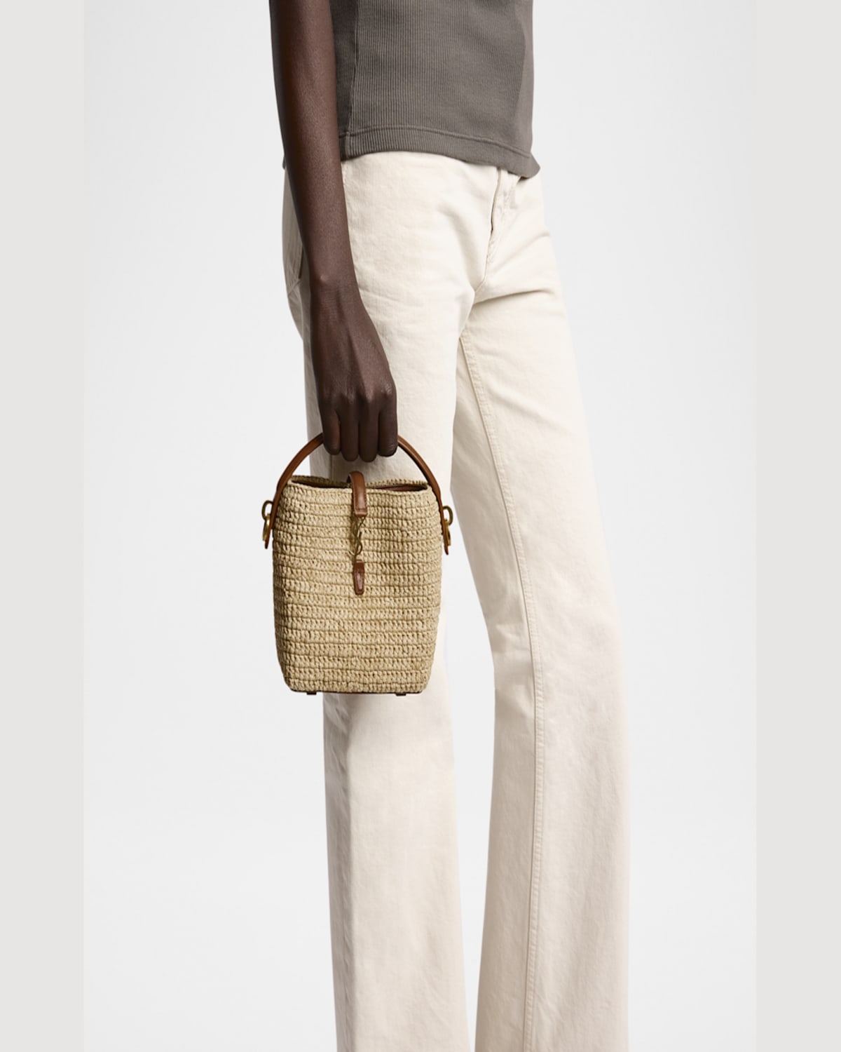 SAINT LAURENT LE 37 MINI YSL BUCKET BAG IN RAFFIA AND LEATHER 
