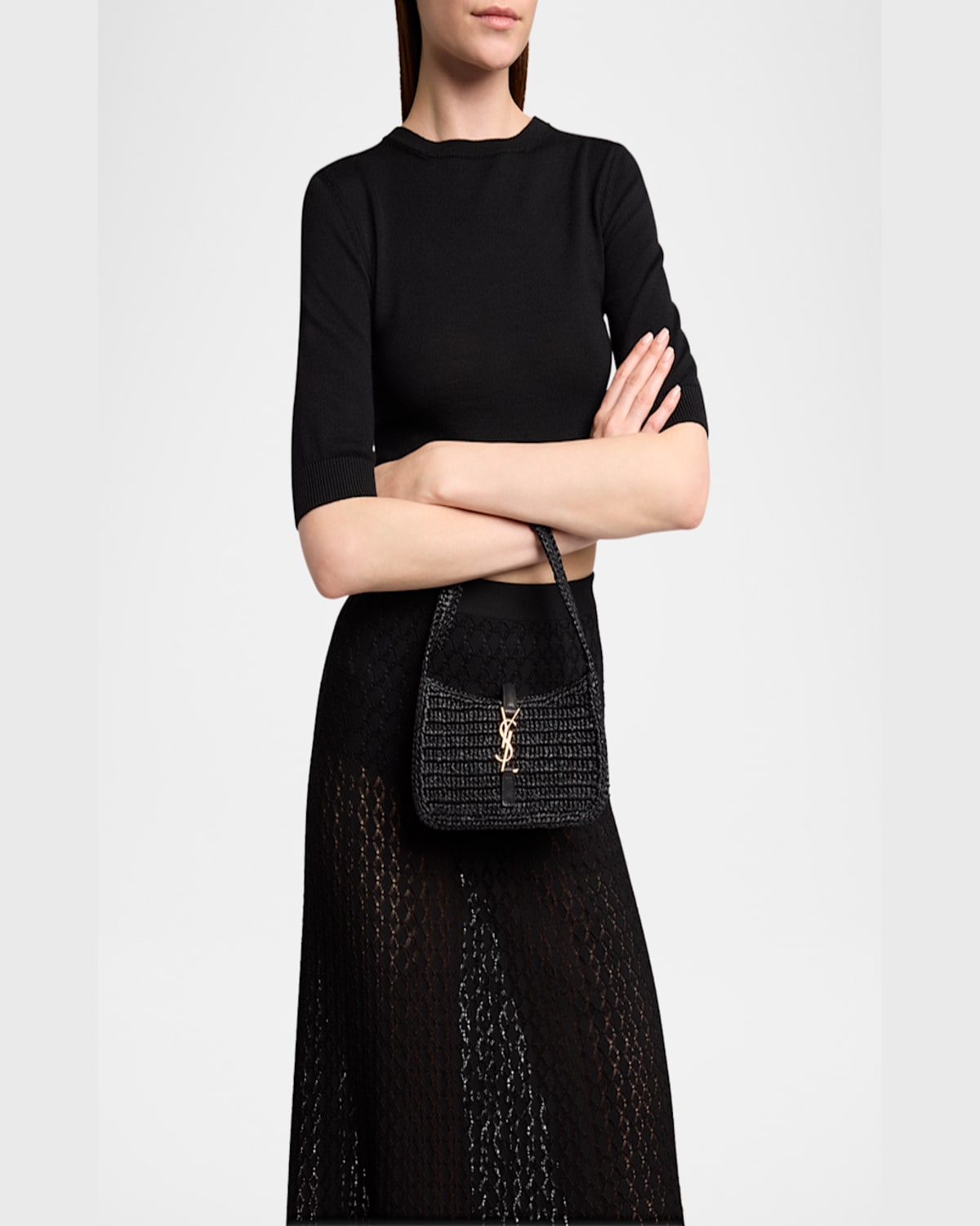 Saint Laurent Le 5 A 7 Mini Ysl Shoulder Bag In Raffia In Noir