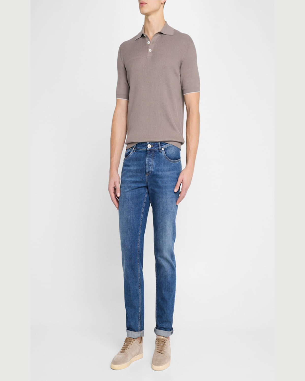 Brunello Cucinelli Men's Cotton Ribbed Short-sleeve Polo Sweater In Blue