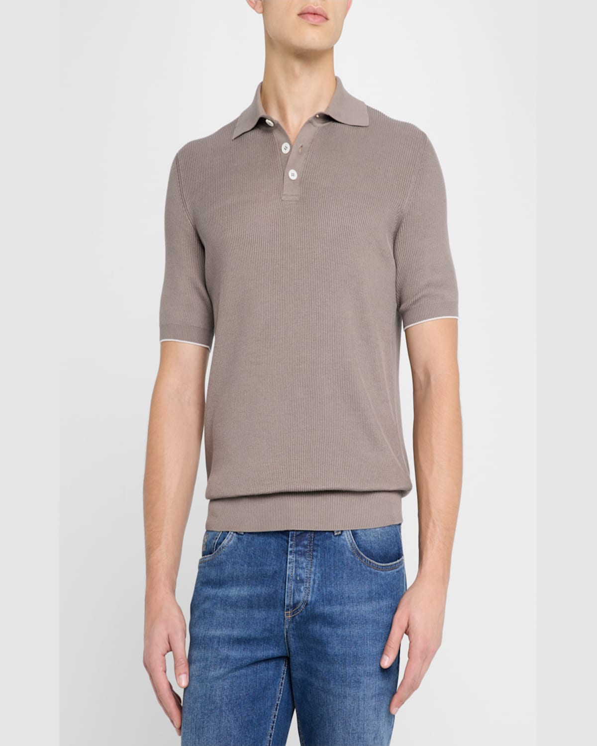 Brunello Cucinelli Men's Cotton Ribbed Short-sleeve Polo Sweater In Blue