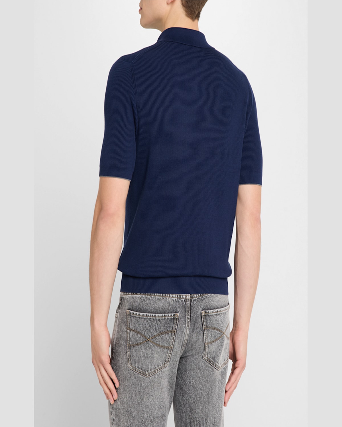 Brunello Cucinelli Men's Cotton Ribbed Short-sleeve Polo Sweater In Blue