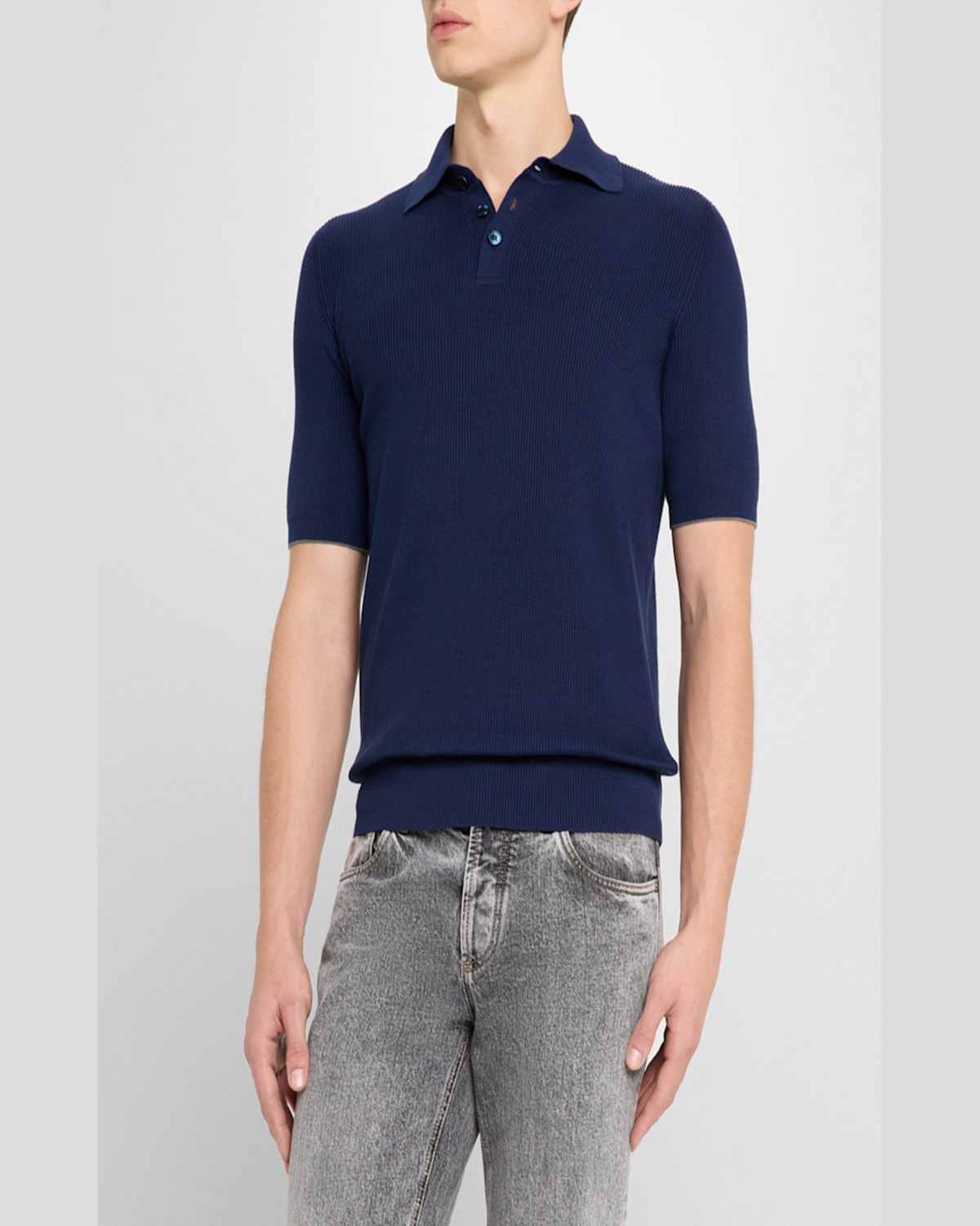 Brunello Cucinelli Men's Cotton Ribbed Short-sleeve Polo Sweater In Blue