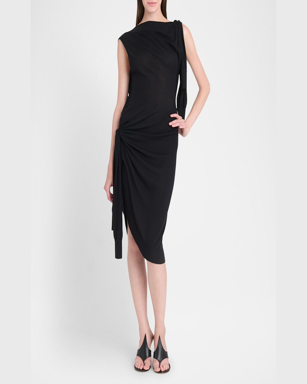 Ferragamo Knotted Sleeveless Silk-cotton Knit Midi Dress In Nero.