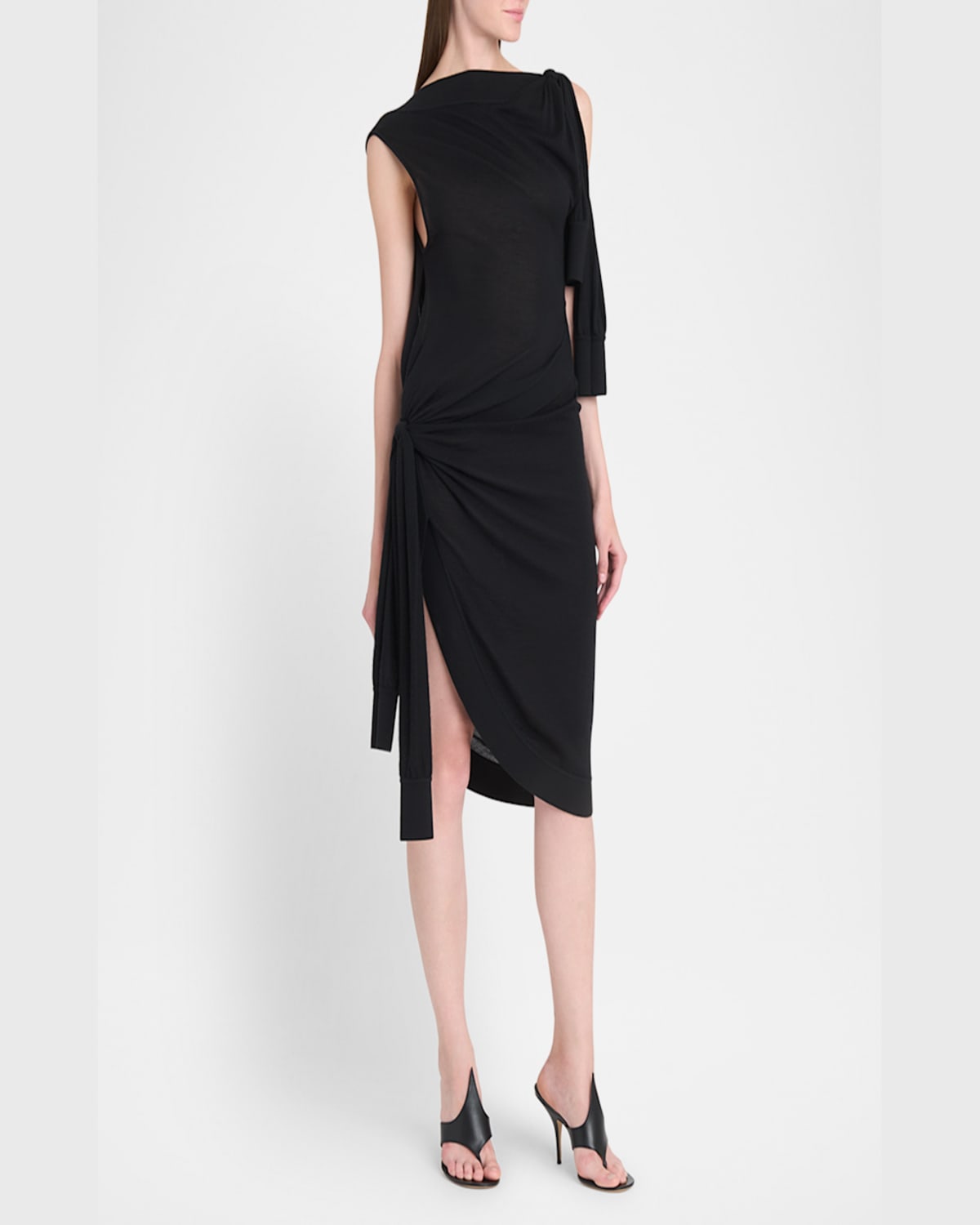 Ferragamo Knotted Sleeveless Silk-cotton Knit Midi Dress In Nero.