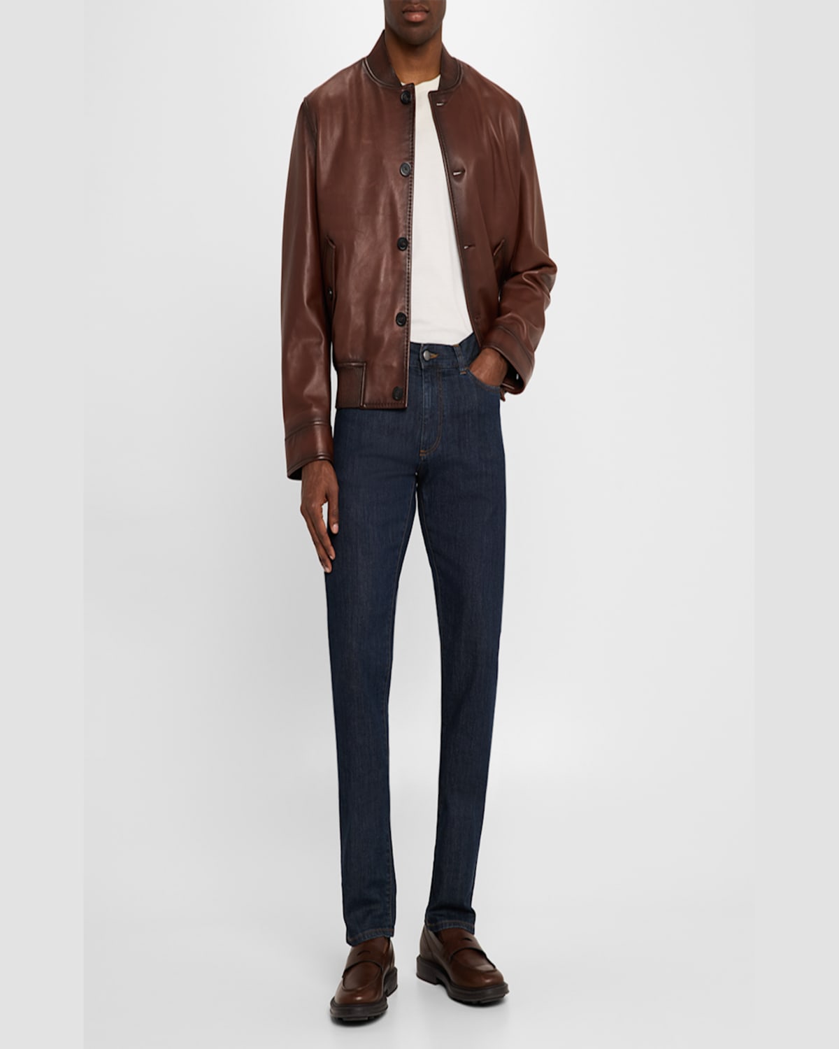 Emporio Armani Regular Fit Button Front Leather Bomber Jacket In Brown