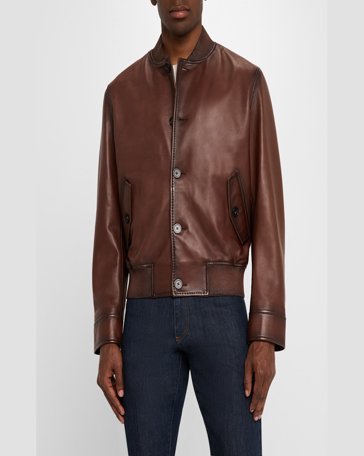 Emporio Armani Regular Fit Button Front Leather Bomber Jacket In Brown